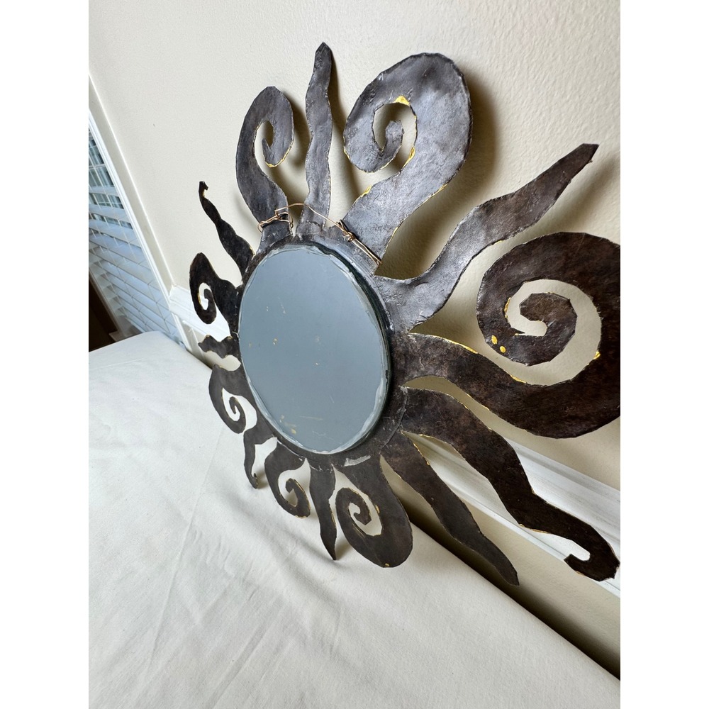 Vintage Brutalist Handmade Celestial Sunburst Wall Mirror Gold Whimsigoth Decor - Picture 7 of 8